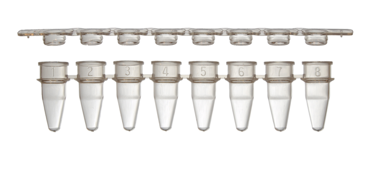 Пробірки для ПЛР 0,1 мл у стріпах по 8 шт, низькопрофільні, із плоскими кришками X-Clear, без РНКаз, ДНКаз та пірогенів